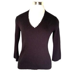 Liz Claiborne Cotton Knit Black V-Neck Sweater with Scalloped Trim